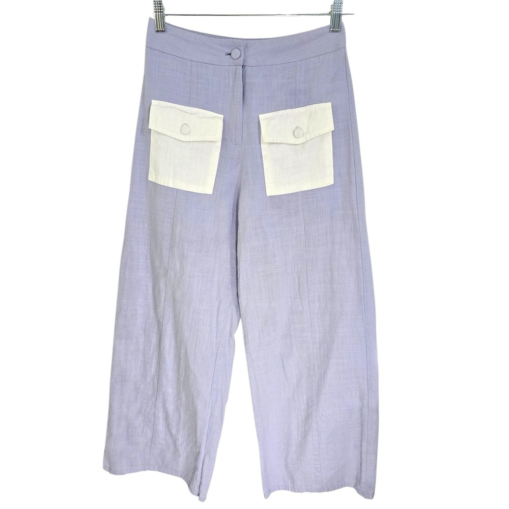 Yellow The Label Linen‎ Wide Leg Pants High Waist Patch Pocket Azure M